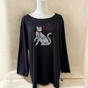 Karen Scott Black Long Sleeve Tee with White Decorative Cat and Red Accents